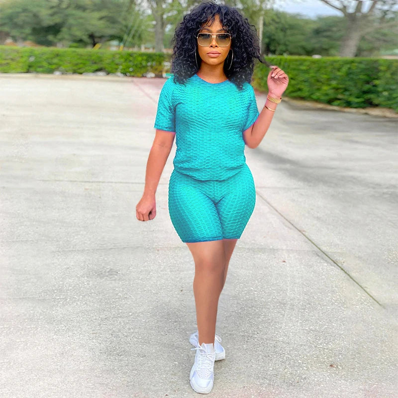 Texturized Sportswear O-Neck Solid Color Short Sleeve Women's T-Shirt + Shorts 2-Piece Fitness Workout Set