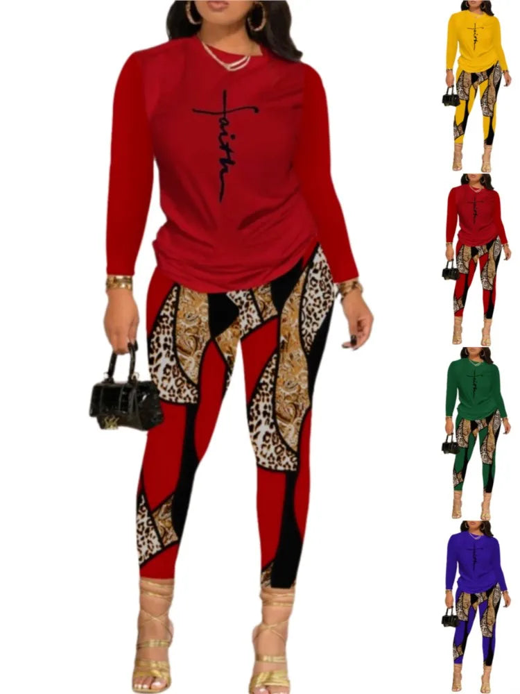 "Faith" Geometric Leopard Colorblock Print Long Sleeve Top & Pencil Pants Skinny 2-Piece Set