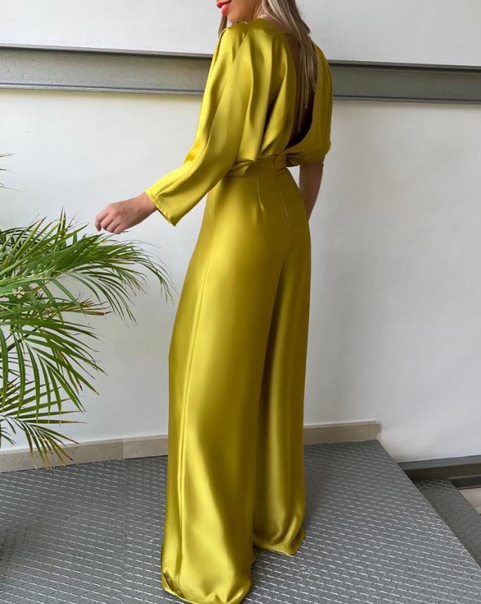 Plunge Neckline Satin Asymmetrical Sleeve Backless Wide Leg Jumpsuit