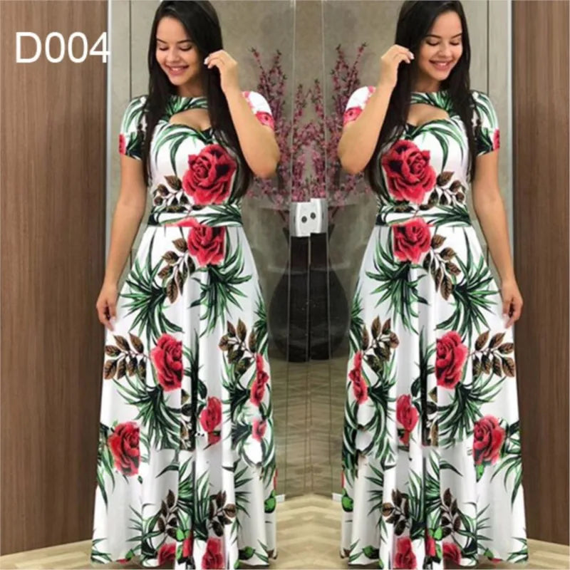 Floral/Polka Dot Print Short Sleeve Hollow-Out Maxi Dress to 5X Plus Size