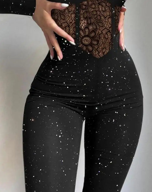 Glitter Cold Shoulder Long Sleeve Black Lace Corset Skinny Jumpsuit