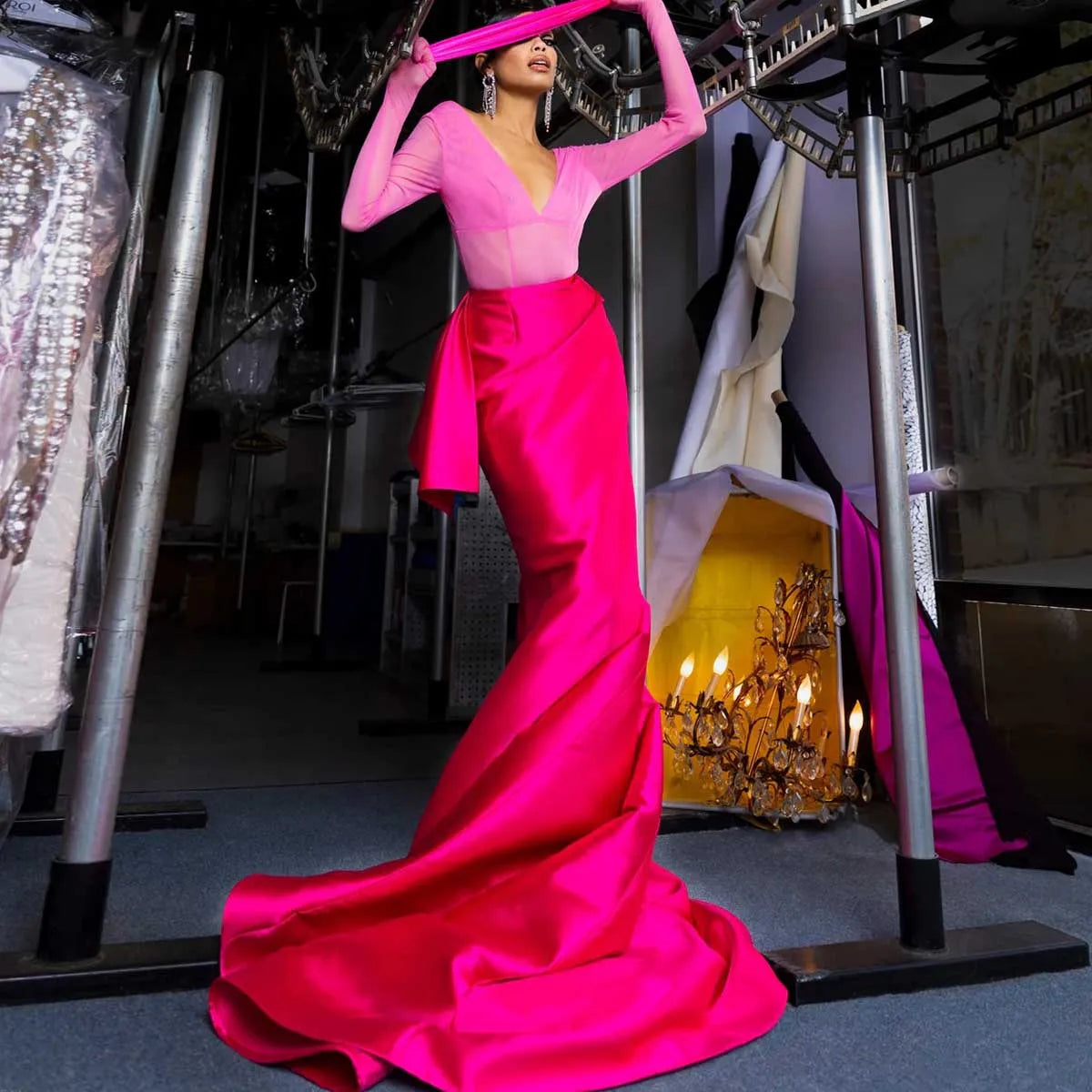 Satin Hot Pink High Waist Ruffled Prom Custom Made Sweep Train Bridesmaid/Prom Floor-Length Skirt