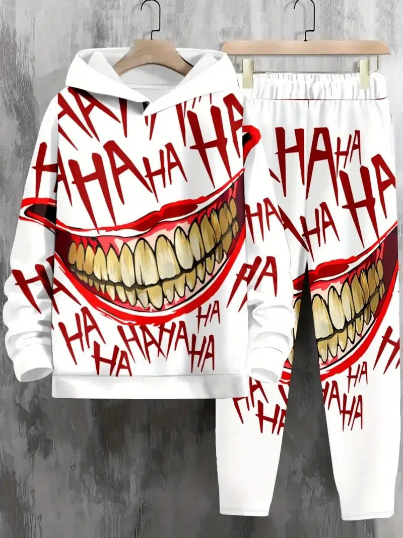 Men's Hip-Hop "HAHA" Smiley Face 3D Print Long Sleeve Hoodie Sweatshirt + Streetwear Drawstring Sweatpants Tracksuit