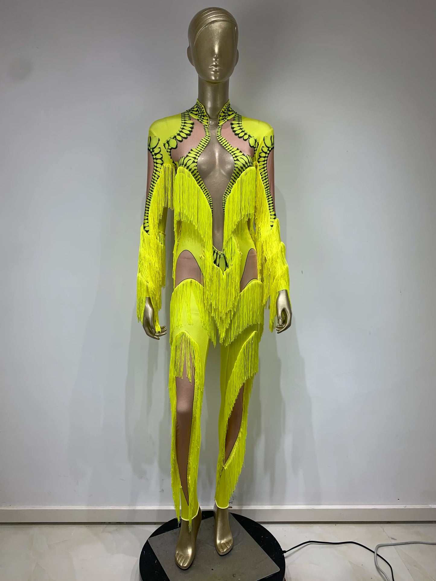 Yellow Long Sleeve Tassel Design Mesh Patchwork Printed Stretch Formal Stage Performance Jumpsuit