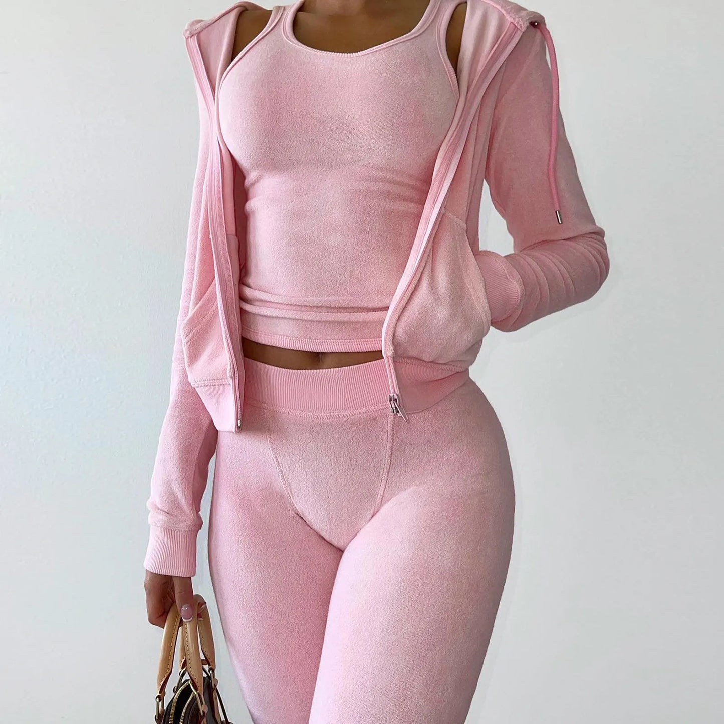 Solid Color Fleece Zipper Hooodie Jacket w/ Elastic Sweatpants & Tank Top 3-Piece Women's Sweatsuit Tracksuit