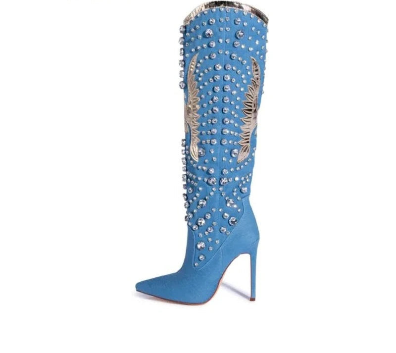 Rhinestone Embellished Pointed Toe Stiletto Glitter Crystal Western Cowgirl Knee-High Boots