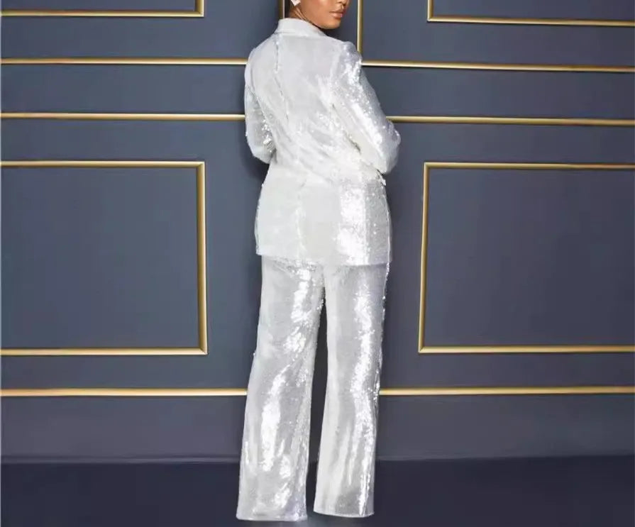 Sequined Sparkling Long Sleeve Blazer + High Waist Wide Leg Pants Women's Formal Party Suit