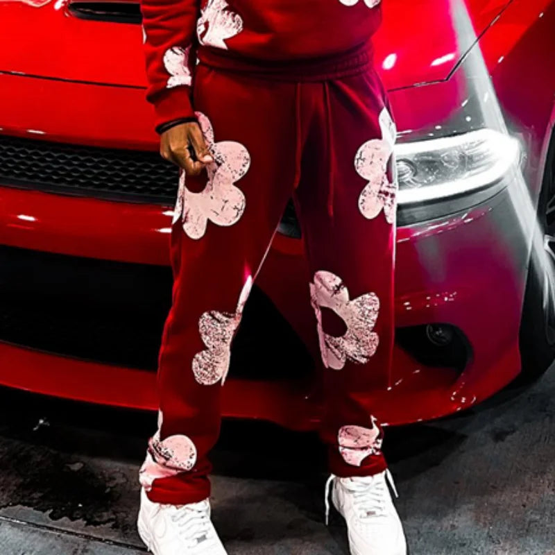 Men's "SUPERSTAR" Letter Print Big Flower Design Hoodie Sweatshirt + Drawstring Sweatants Hip-Hop Tracksuit