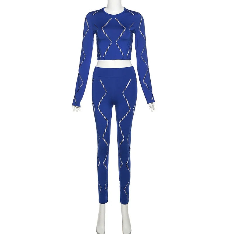 Knitted Geometric Pattern Long Sleeve Crop Top + Matching Biker Shorts Women's Solid Color 2-Piece Set