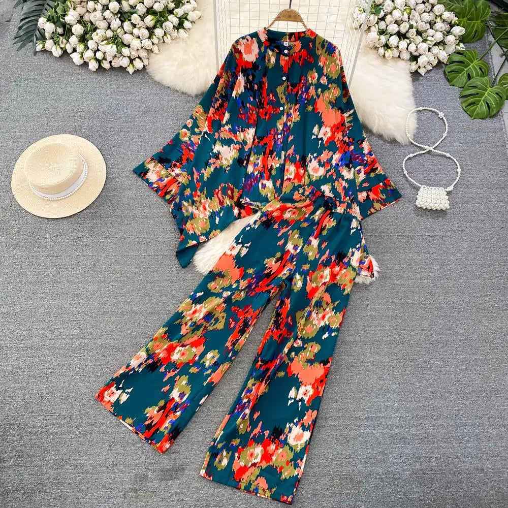 Fashion New Women Casual Loose Floral Trousers Suit Boho Elegant Maxi Shirts Blouses Wide-Leg Pantsuit Female Party Two Pieces