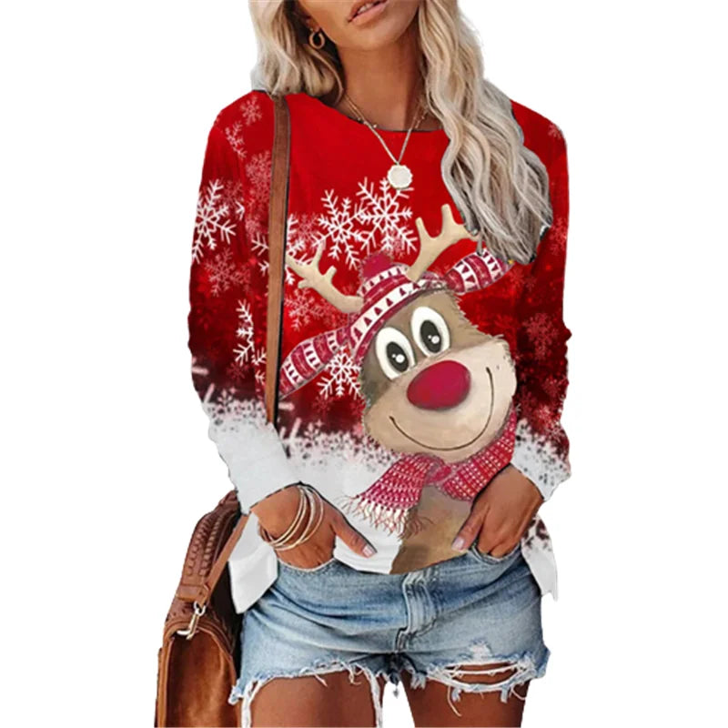 Cartoon Christmas Santa/Reindeer/Christmas Tree Graphic 3D Printed Women's Long Sleeve Pullover Round-Neck Christmas T-Shirts