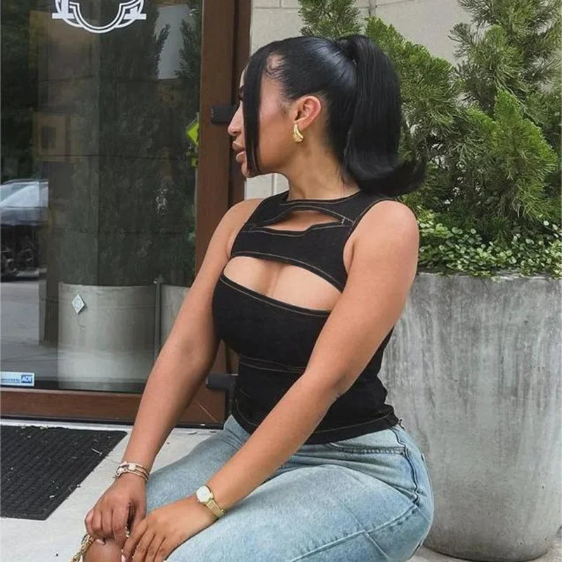 Denim Women's Solid Color Sleeveless O-Neck Hollow-Out Streetwear Zipper Back Jean Vest