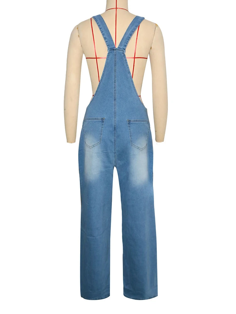 Denim Overall Design Women's Cargo Multi-Pocketed Wide Leg Jean Jumpsuit