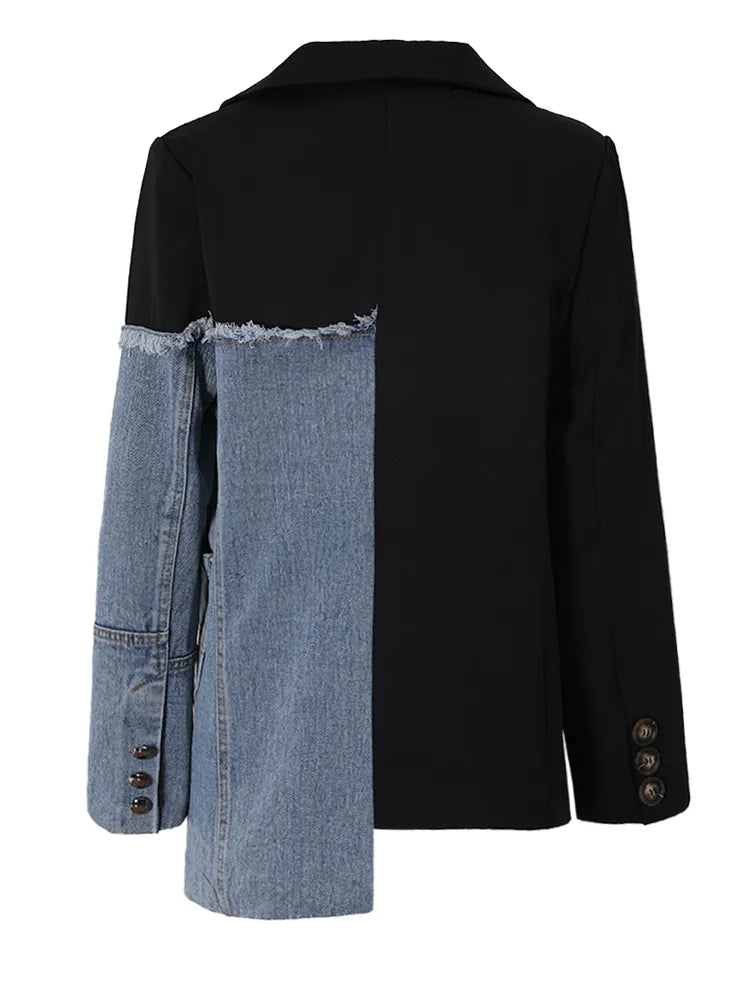 Blue/Black Denim Colorblock Long Sleeve Loose Fit Women's Blazer Jacket