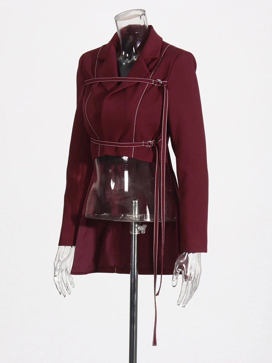 Burgundy Irregular Notched Collar Double Strap Design Blazer Jacket + High Waist Straight Pants Women's Formal Suit