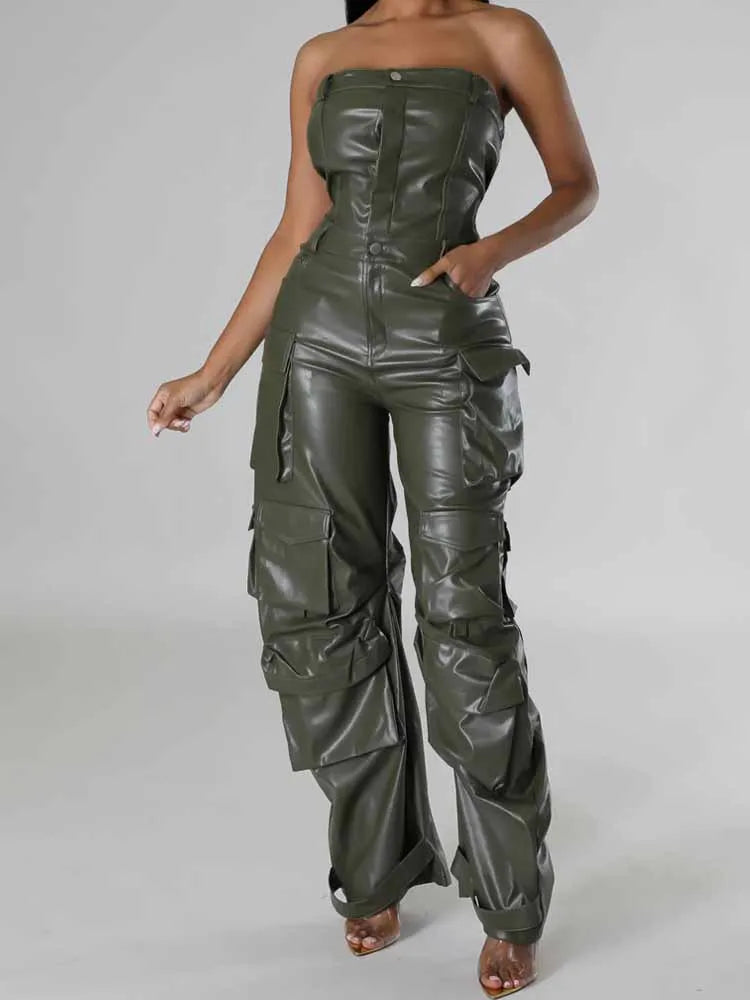 Strapless Sleeveless PU Leather Solid Color Hip-Hop Cargo Multi-Pocketed Women's Tube Top Jumpsuit
