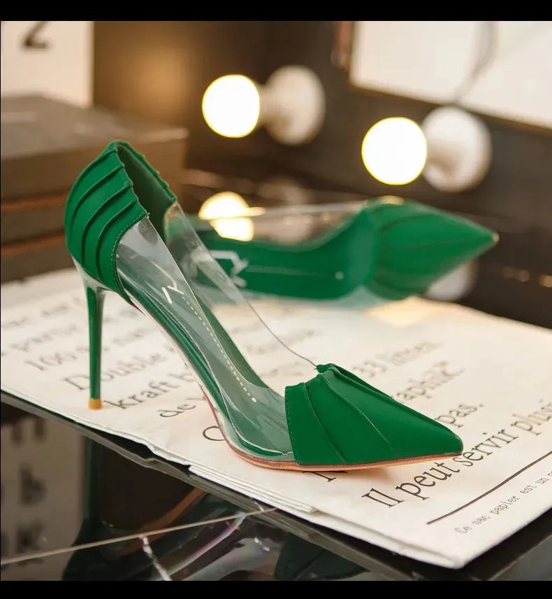 Satin PVC Transparent Designer Metal Pointed Stiletto Shallow Mouth Pumps