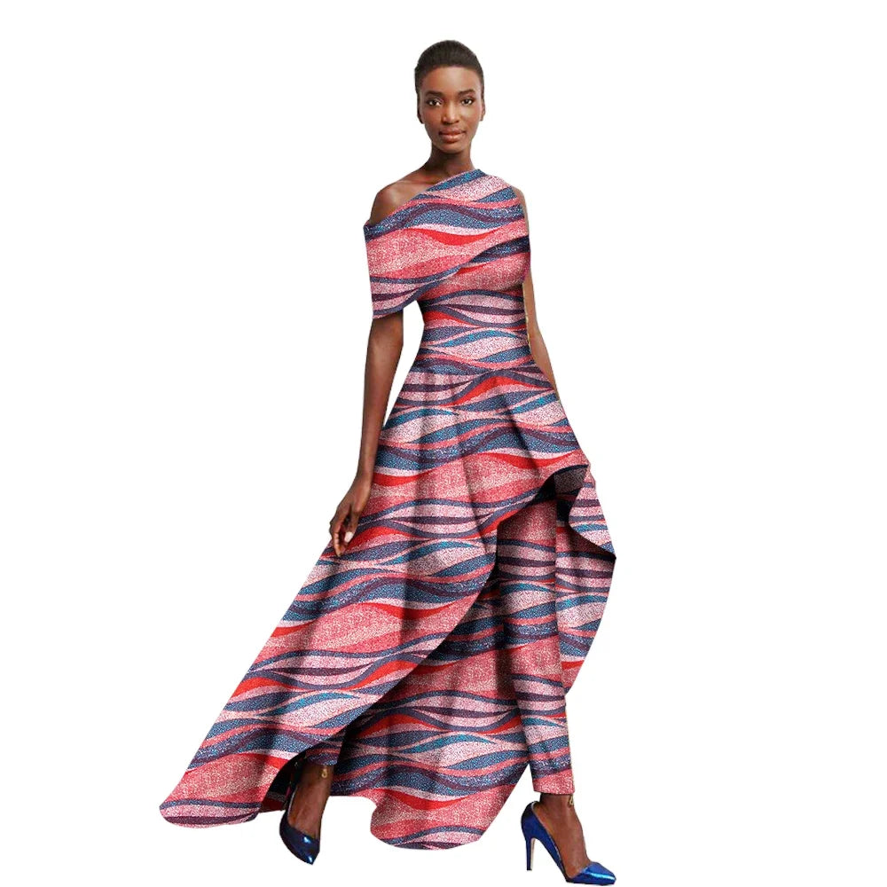 Asymmetrical Diagonal Hem Ankara African Print Short Sleeve O-Neck Maxi Dress + Pants 2-Piece Suit