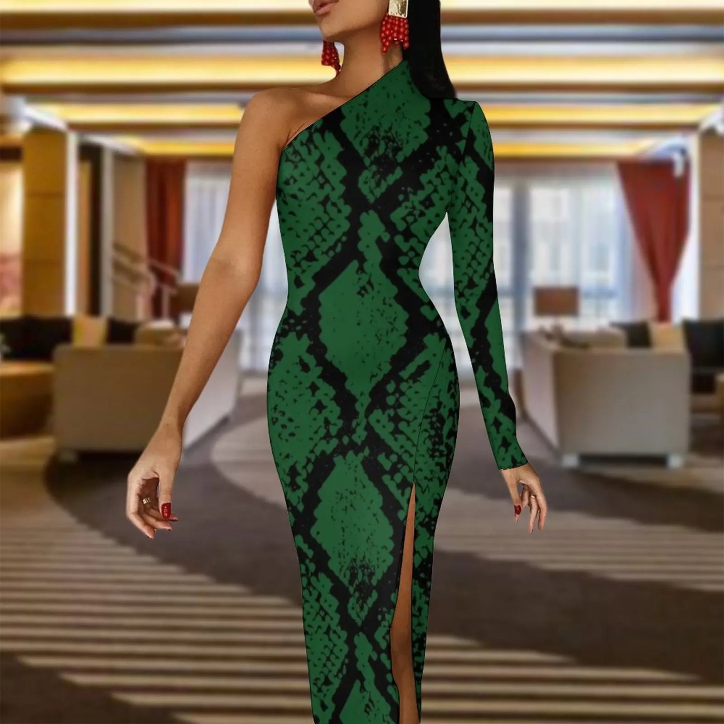 Snake Print/Geometric High Slit One Shoulder Long Sleeve Party Bodycon Maxi Dress