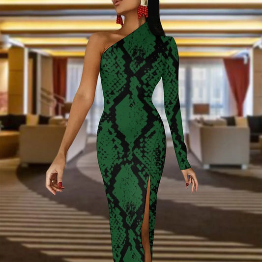 Snake Print/Geometric High Slit One Shoulder Long Sleeve Party Bodycon Maxi Dress