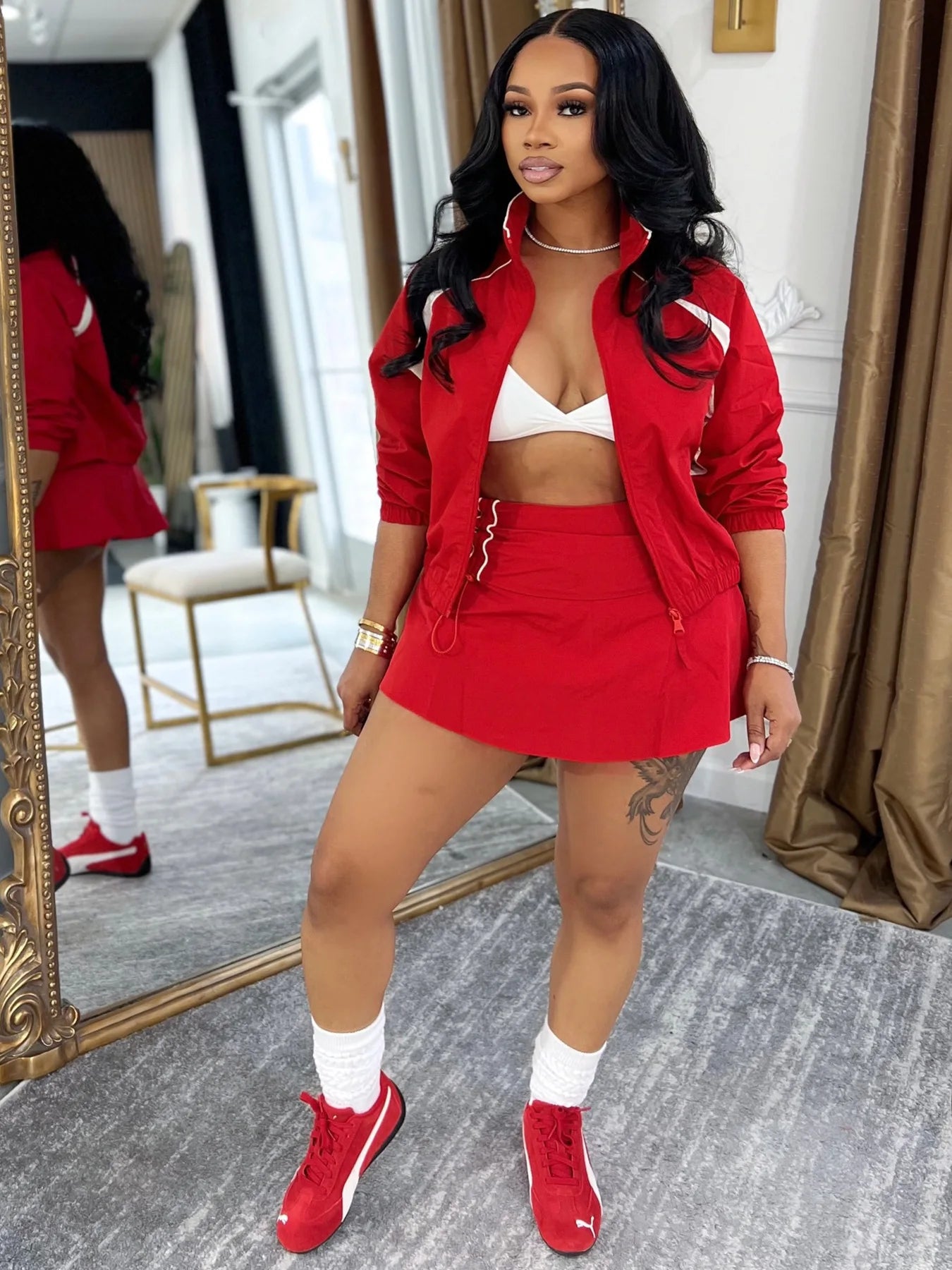 Striped Stand Collar Women's Zipper Fitness Jacket+ Drawstring Ruched Mini Tennis Skirt Solid Color 2-Piece Set