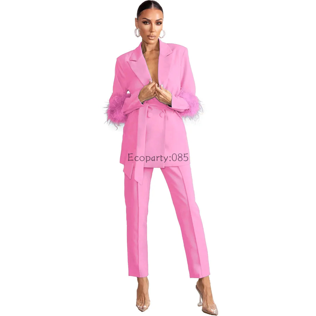 Feather Sleeve Solid Notched Neck Blazer + Zipper Pants Ladies Suit