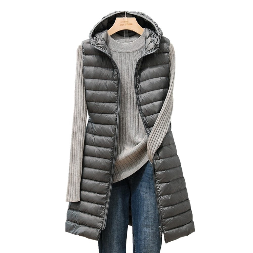 Hooded Lightweight Padded Cotton Down Maxi Vest