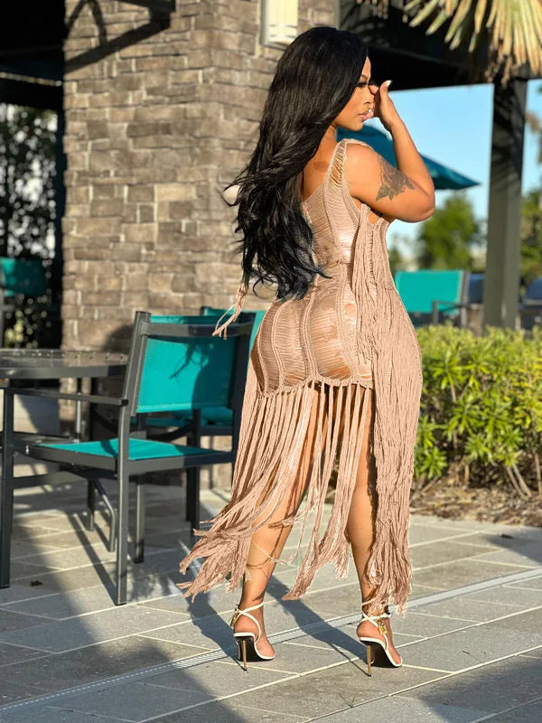 Crochet Knitted Ribbed Hollow-Out Tassel Fringe Hem Sleeveless Beach Maxi Swimsuit Cover-Up Dress