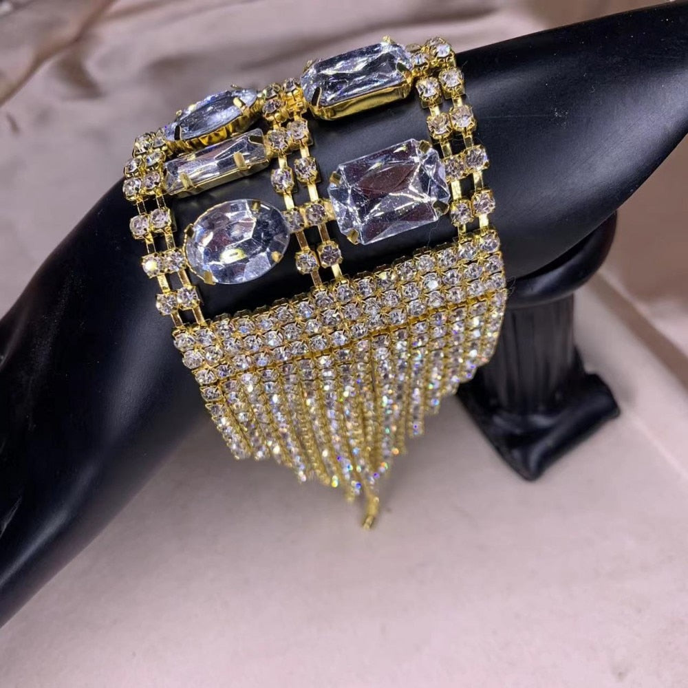 Bling Rhinestone Long Fringed Hand Bracelet