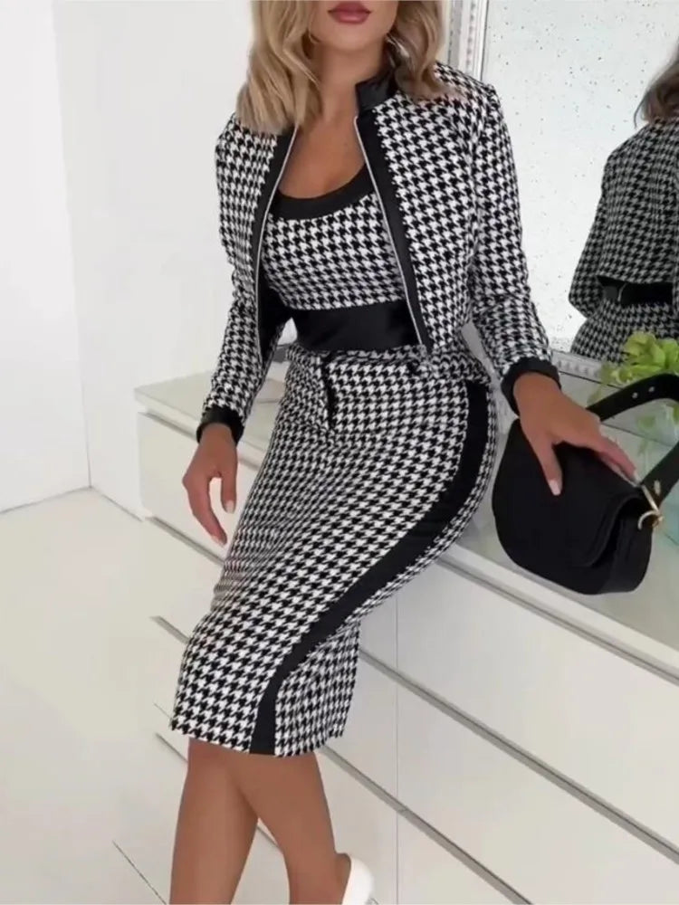 Plaid/Houndstooth/Geometric Blazer Jacket + Matching Cami Top + Midi Skirt 3-Piece Suit