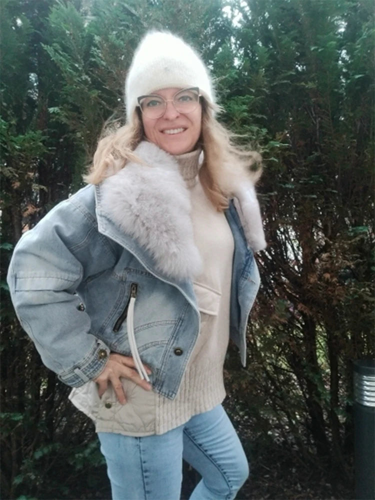 Denim Oversized 100% Real Fox Fur Collar Short Women's Goose Down Puffer Jean Jacket