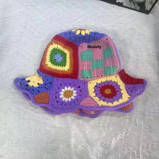Handmade Knitted Crochet Large Brim Patchwork Flower Design Yarn Hook Needle Fisherman's Bucket Hat
