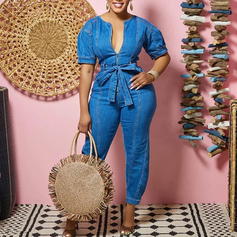Blue Denim V-Neck Short Sleeve Solid Color Elastic Waist Pocketed Sash Belted Jumpsuit