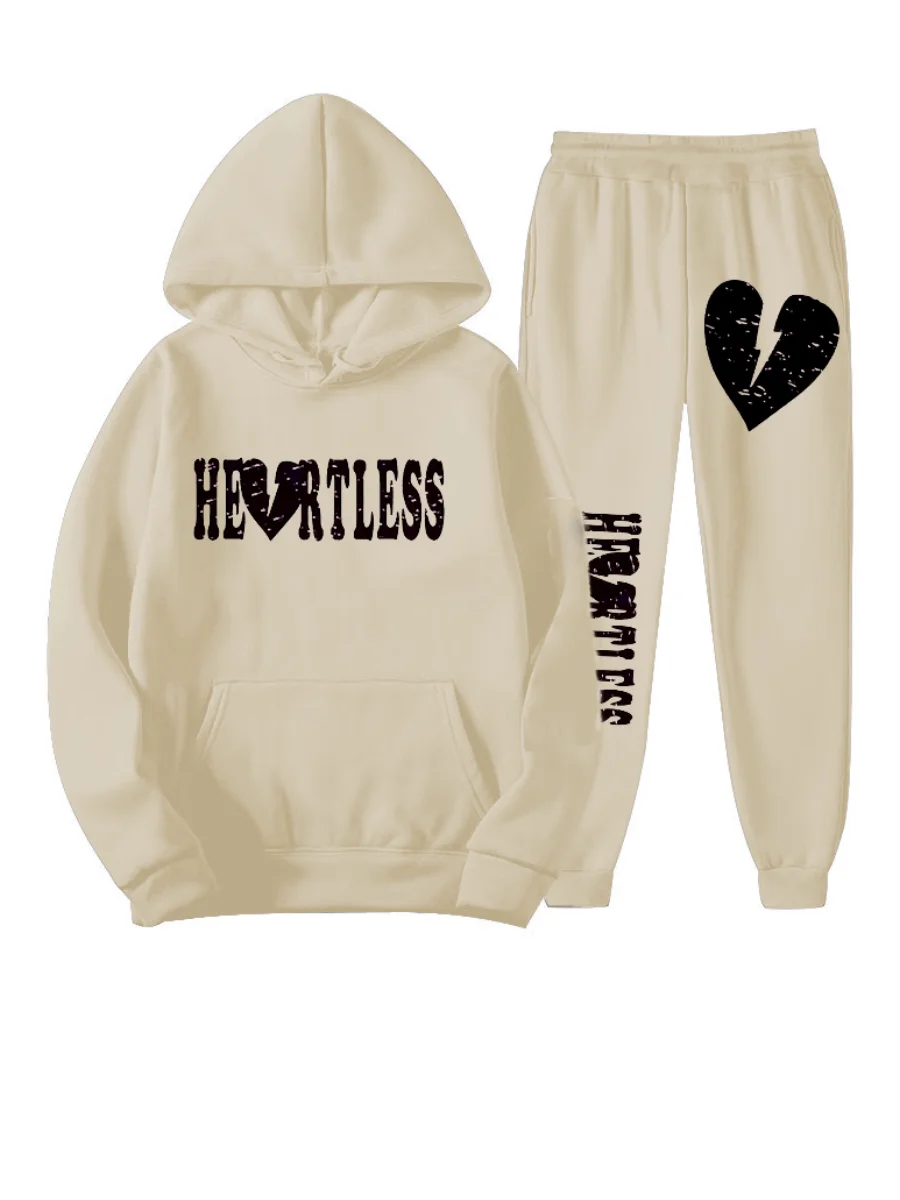 "Heartless" Heart Print Kangaroo Pocket Long Sleeve Hoodie + Sweatpants Ladies Tracksuit