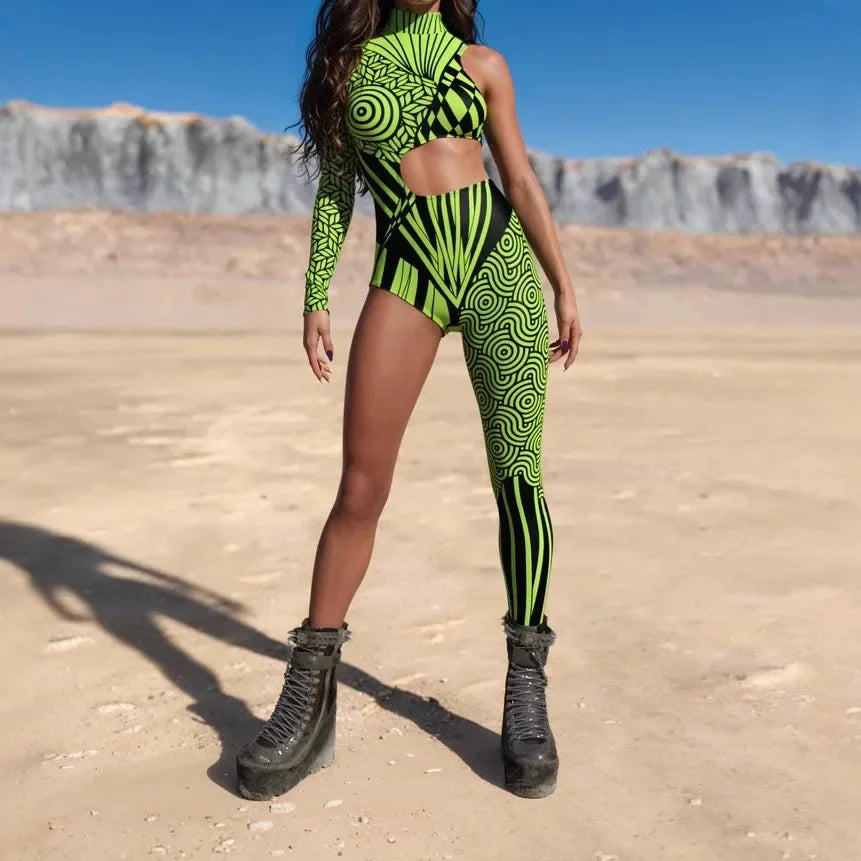 Irregular Asymmetrical One Sleeve Rainbow Geometric Striped Floral Hollow-Out 3D Print One Leg Jumpsuit to 3X Plus Size