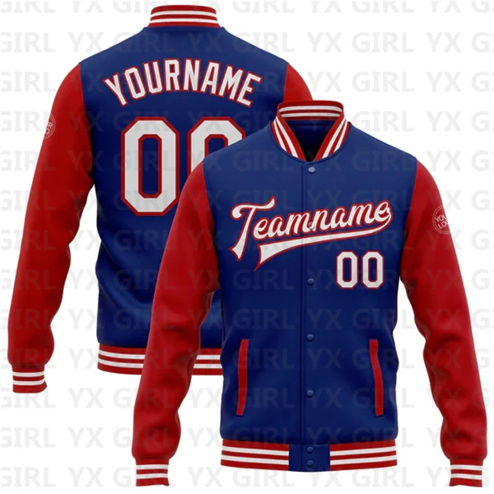 Customized Unisex 3D Letter Print/Team Name Personalized Royal White/Black/Gray Full-Snap Letterman's 2-Tone Baseball Button-Up Varsity Bomber Jacket
