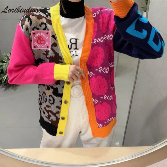 Neon Colorblock Leopard V-Neck Knitted Cardigan Sweater