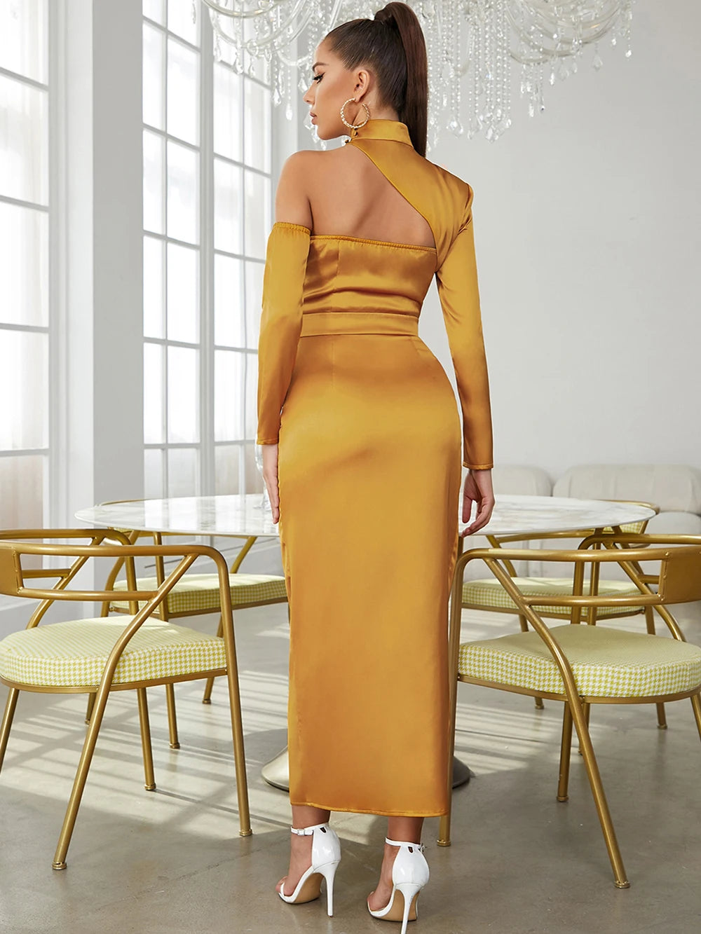 Satin Ginger Solid Turtleneck One Shoulder High Slit Bodycon Maxi Dress