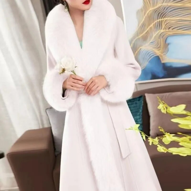 Cashmere Faux Fur Mandarin Collar 3/4 Length Women's Coat