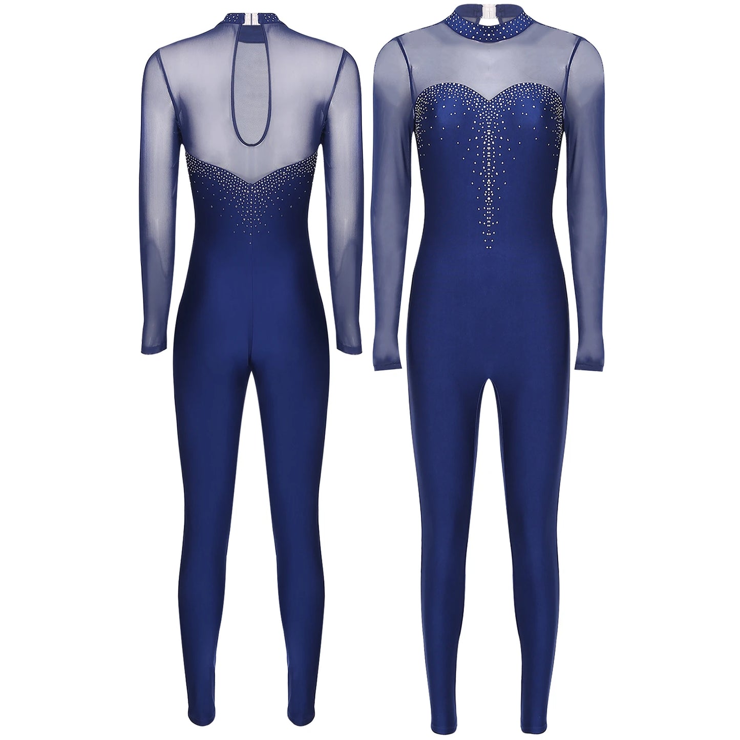 Rhinestone Women's Long Sleeve Gymnastics Leotard Performance Jumpsuit