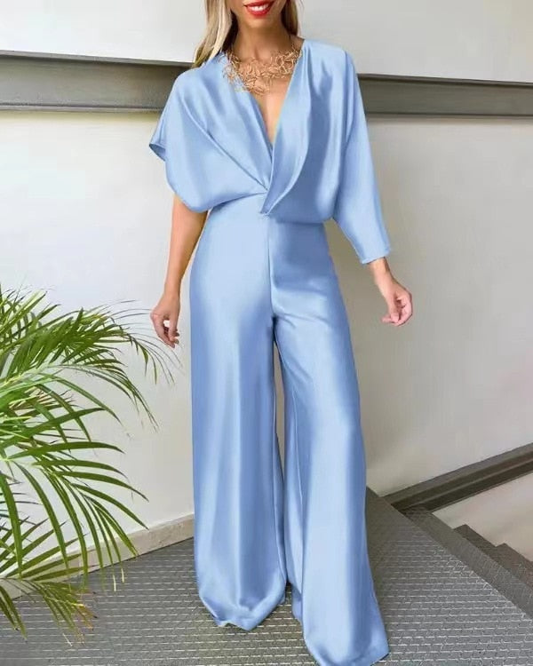 Plunge Neckline Satin Asymmetrical Sleeve Backless Wide Leg Jumpsuit