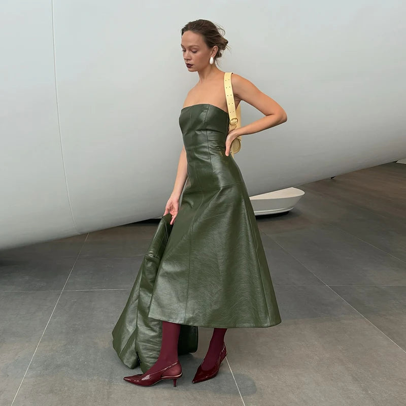 Shiny PU Leather Women's Solid Color Blazer Jacket w/ Flared Sleeveless Tube Maxi Dress 2-Piece Suit