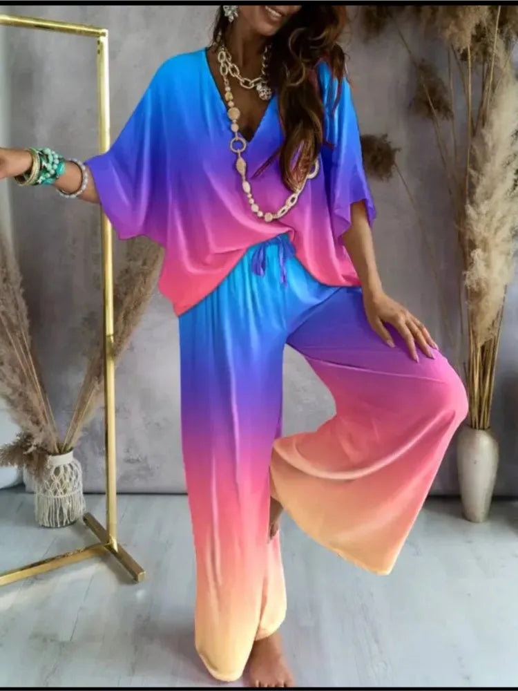 Baroque/Colorblock Striped/Solid Color Women's V-Neck Top + Loose Pants 2-Piece Set