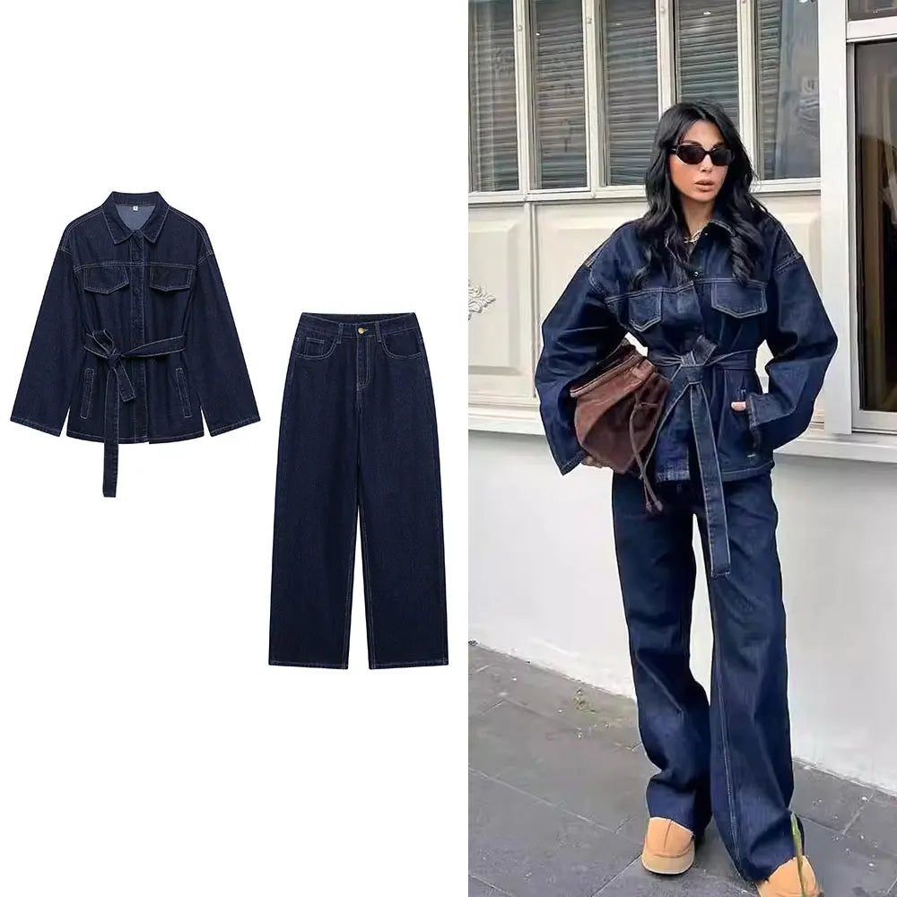 Denim Dark Blue Turn-Down Collar Women's Sash Belted Jean Jacket + Matching  Jeans Pants 2-Piece Set