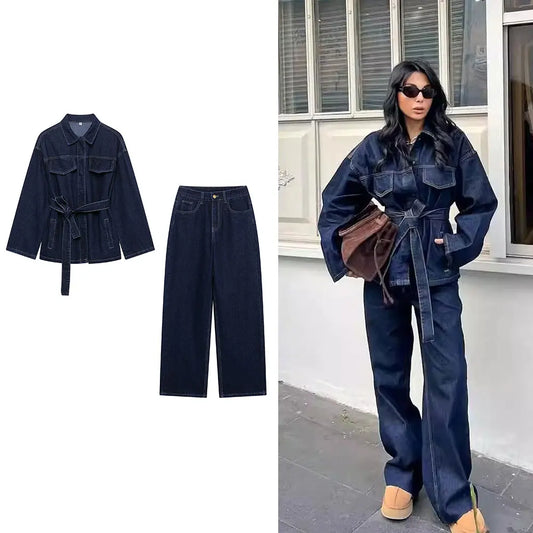 Denim Dark Blue Turn-Down Collar Women's Sash Belted Jean Jacket + Matching  Jeans Pants 2-Piece Set