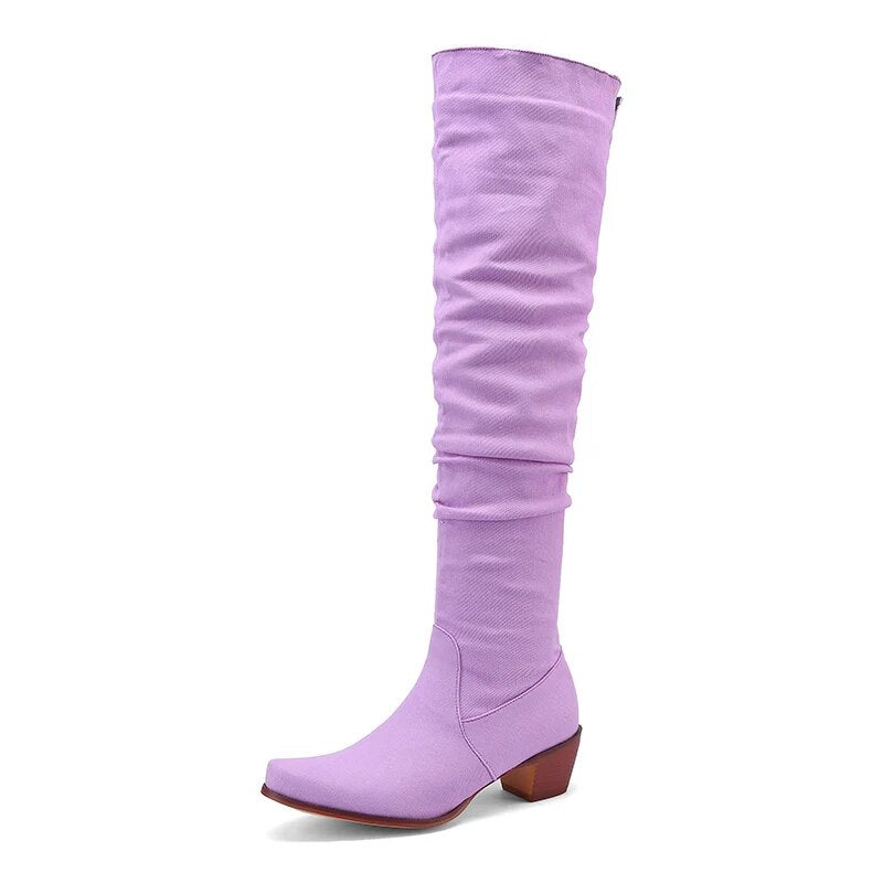 Zipper Block Heel Folded Over-The- Knee Boots