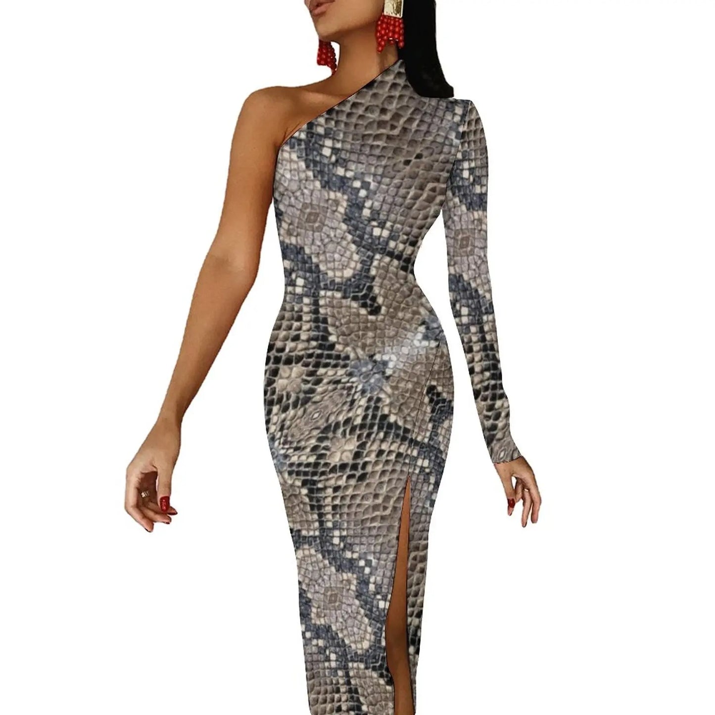 Snake Print/Geometric High Slit One Shoulder Long Sleeve Party Bodycon Maxi Dress