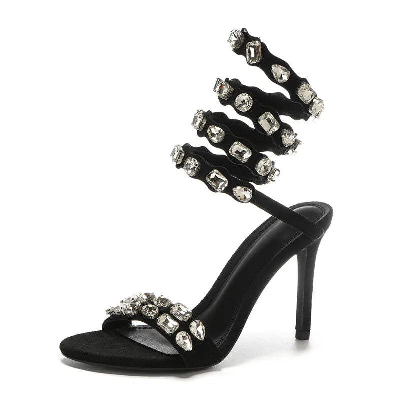 Rhinestone Crystal Embellished Spiral Band Stiletto Heel Gladiator Open Toe Sandal Pumps