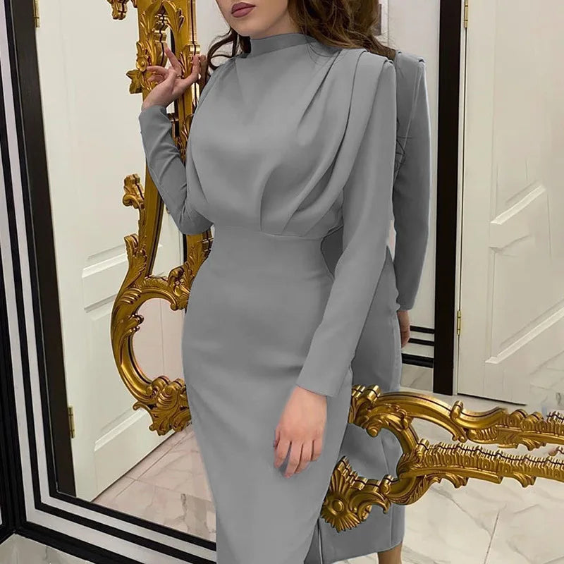 Turtleneck Ruched Solid Color Bodycon Long Sleeve Skinny Maxi Party Dress
