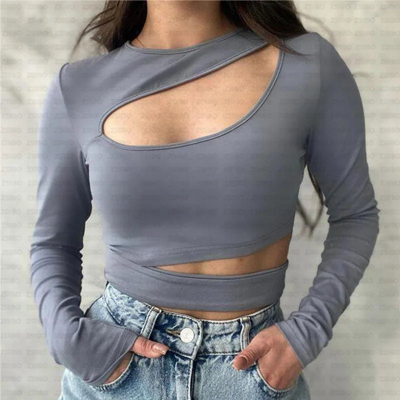 Irregular Hollow-Out Layered O-Neck Long Sleeve Women's Crop Top